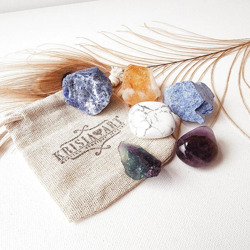 MENTAL CLARITY crystal set for mental focus, clear mind, self-discipline. White Howlite, Sodalite, Dumortierite, Citrine, Amethyst, and Fluorite