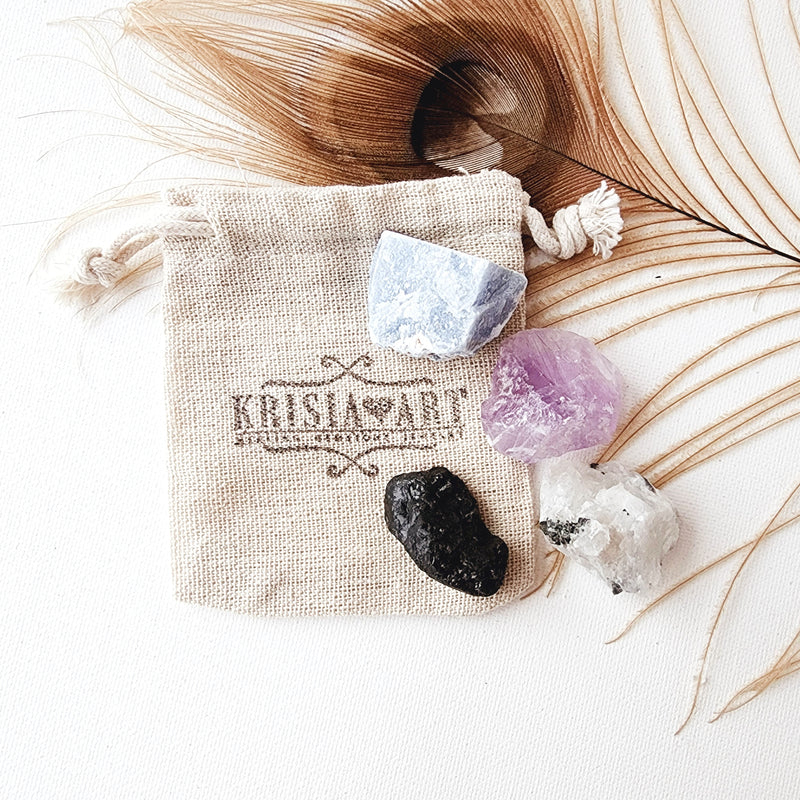 SAFE TRAVELS crystal set for protection, peace, safety, calming anxiety traveling. Amethyst, Rainbow Moonstone, Black Tourmaline, and Angelite