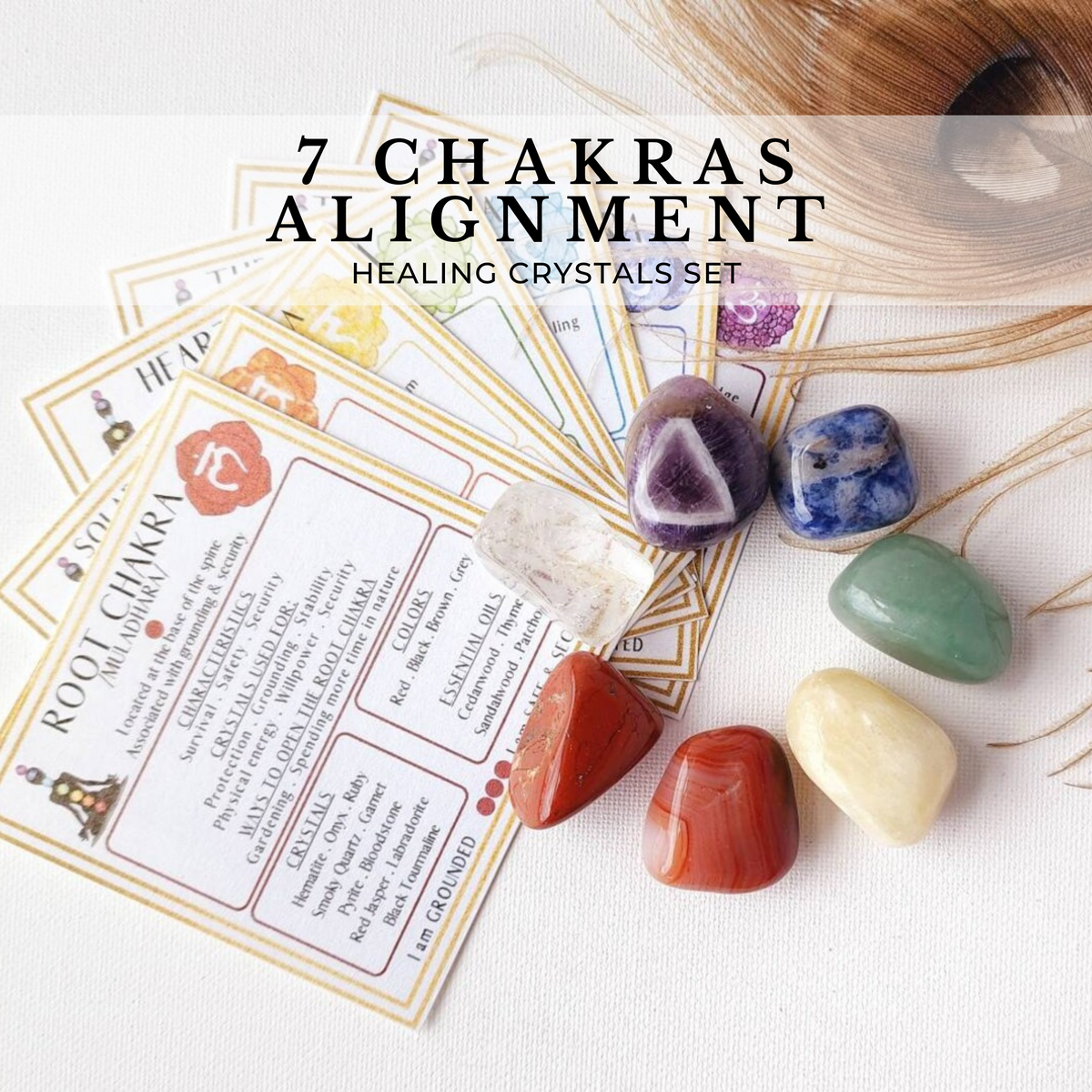 Seven CHAKRA stone set for reiki healing, meditation, chakra alignment crystals. Chevron Amethyst, Sodalite, Angelite, Green Aventurine, Yellow Calcite, Carnelian, Red Jasper