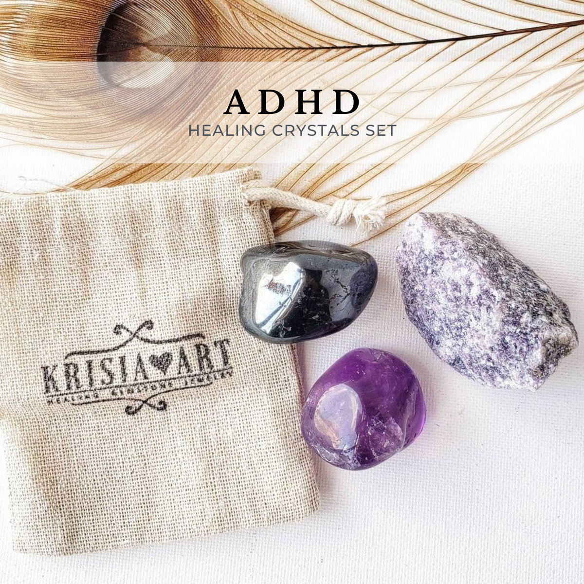ADHD attention & focus crystal set for concentration, calming exam anxiety and balance. Amethyst, Hematite, Lepidolite 