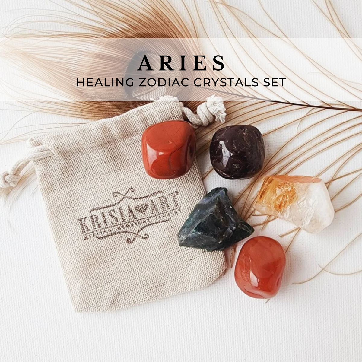 Zodiac sign ARIES crystal set - March 21 - April 19 - horoscope astrology healing crystals - Red Garnet, Citrine, Carnelian, Bloodstone, and Red Jasper