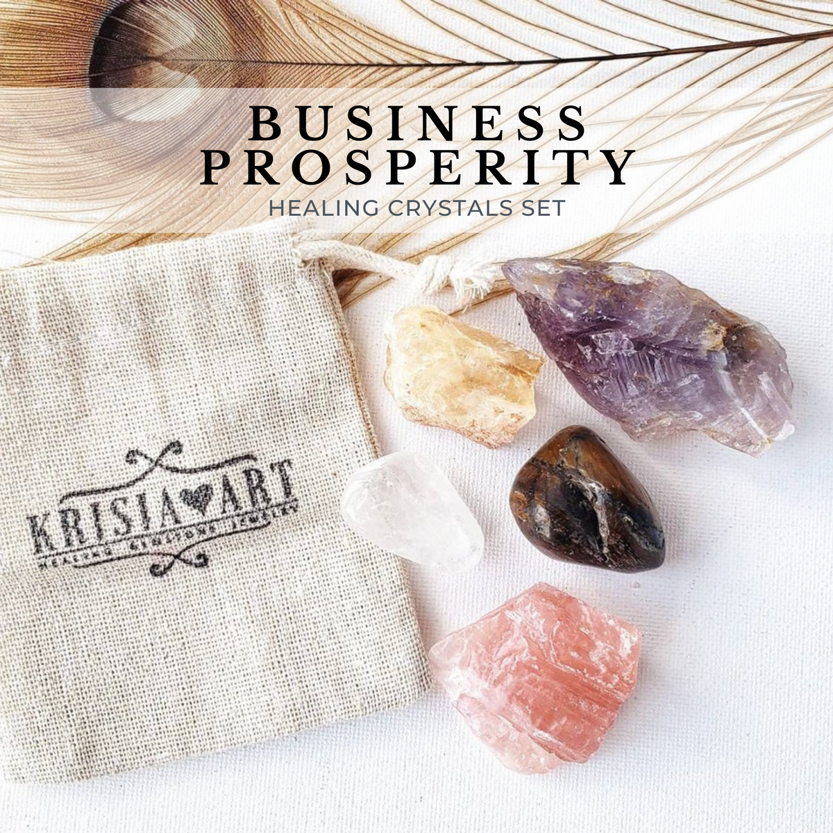 BUSINESS PROSPERITY & Abundance crystal set for money manifestation, success and attraction wealth. Strawberry calcite, Citrine, Amethyst, Clear quartz, Tiger's eye