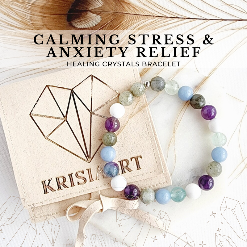 CALMING STRESS & ANXIETY RELIEF intention bracelet for mental health balance - Amethyst, Fluorite, White Howlite, Angelite, Labradorite / 8mm