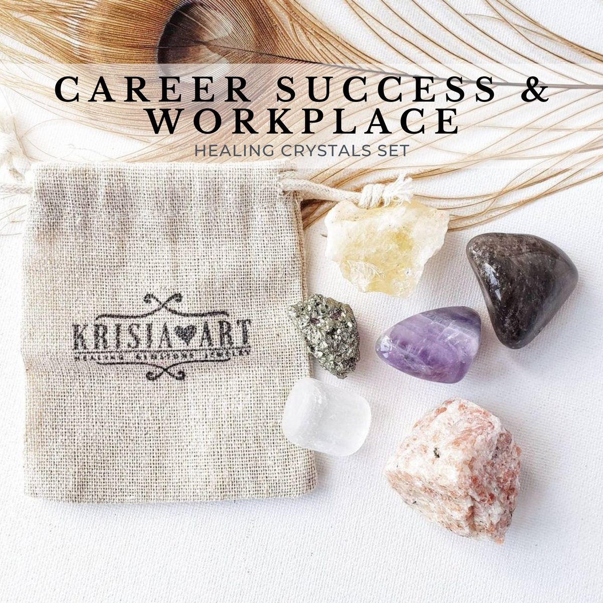 CAREER SUCCESS & Workplace crystal set for promotion and finding your dream job. Amethyst, Citrine, Smoky quartz, Pyrite, Sunstone, Selenite