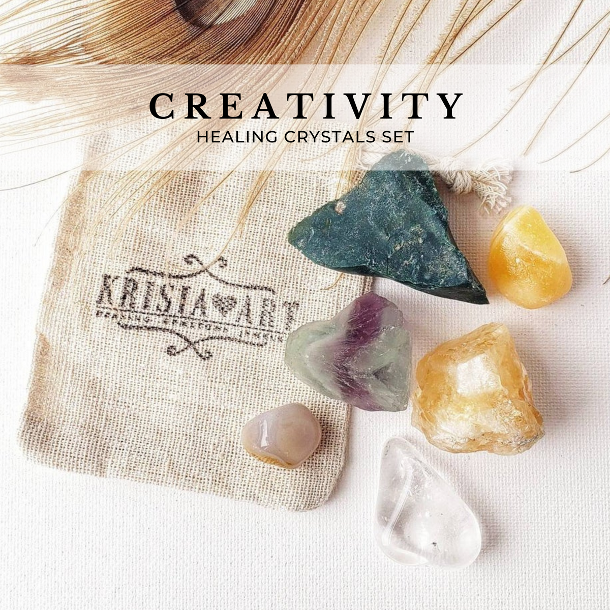 CREATIVITY crystals set for inspiration, focus, personal growth, new ideas. Healing crystals for artists, writers, crafters. Clear Quartz, Yellow Calcite, Bloodstone, Chalcedony, Citrine, Fluorite