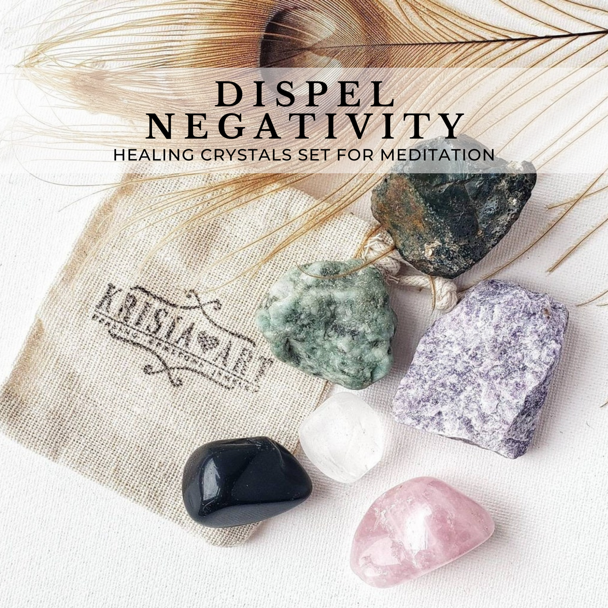 DISPEL NEGATIVITY crystal set for negative energy removal & protection from evil shield. Hematite, Lepidolite, Rose quartz, Clear quartz, Emerald, Rainbow obsidian.