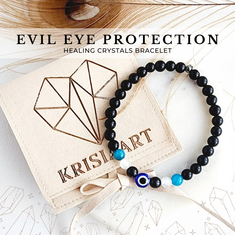 EVIL EYE intention bracelet for negative energy removal & protection from evil shield - Black Tourmaline, Apatite, Black Obsidian, Selenite / 6mm