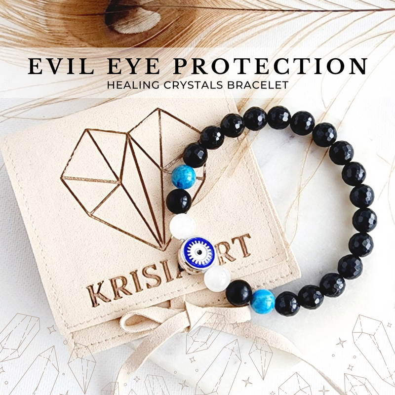 EVIL EYE intention bracelet for negative energy removal & protection from evil shield - Black Tourmaline, Apatite, Black Obsidian, Selenite / 8mm