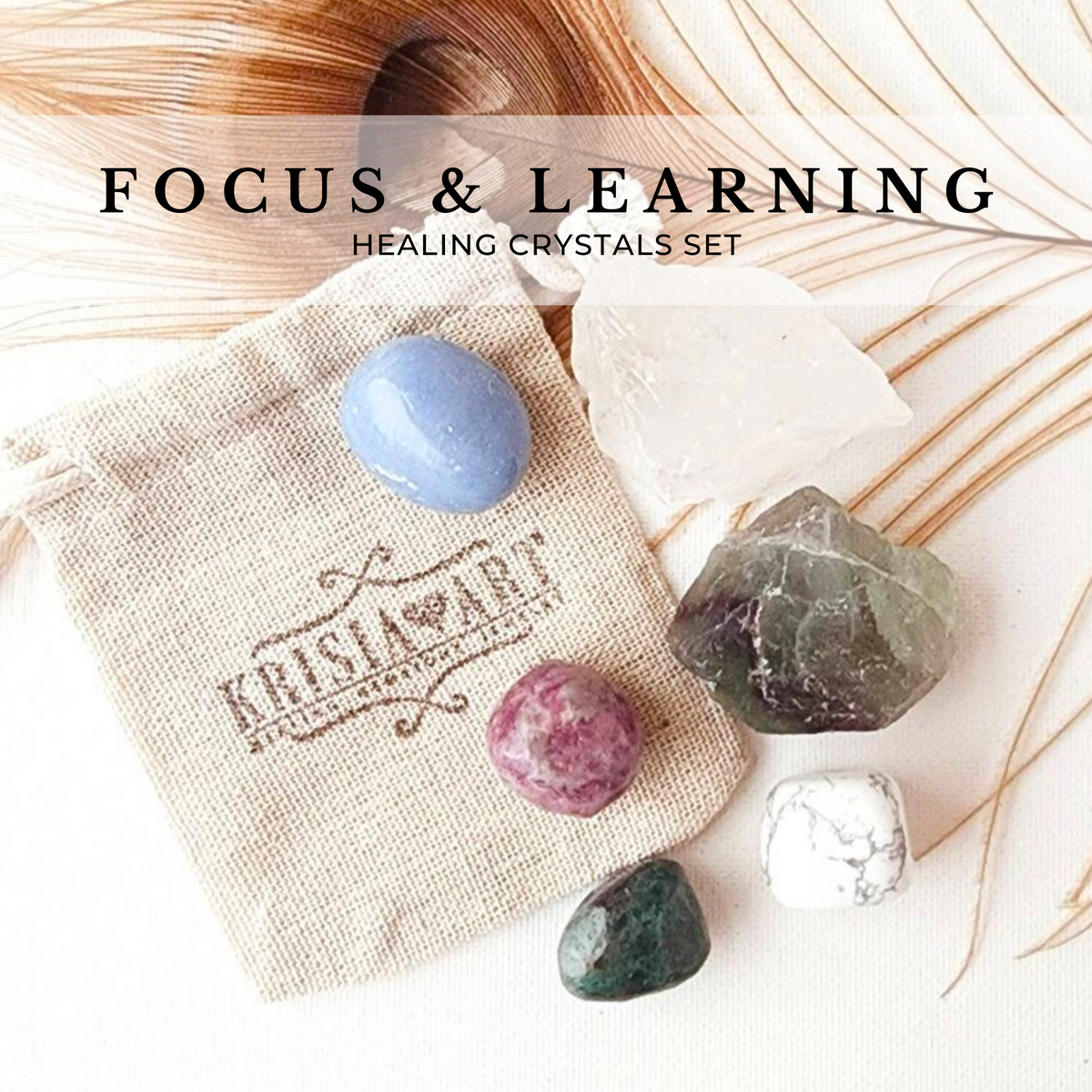 FOCUS & LEARNING crystal set for concentration, exam success, studying aid. Apatite, White Howlite, Lepidolite, Fluorite, Angelite, and Clear Quartz