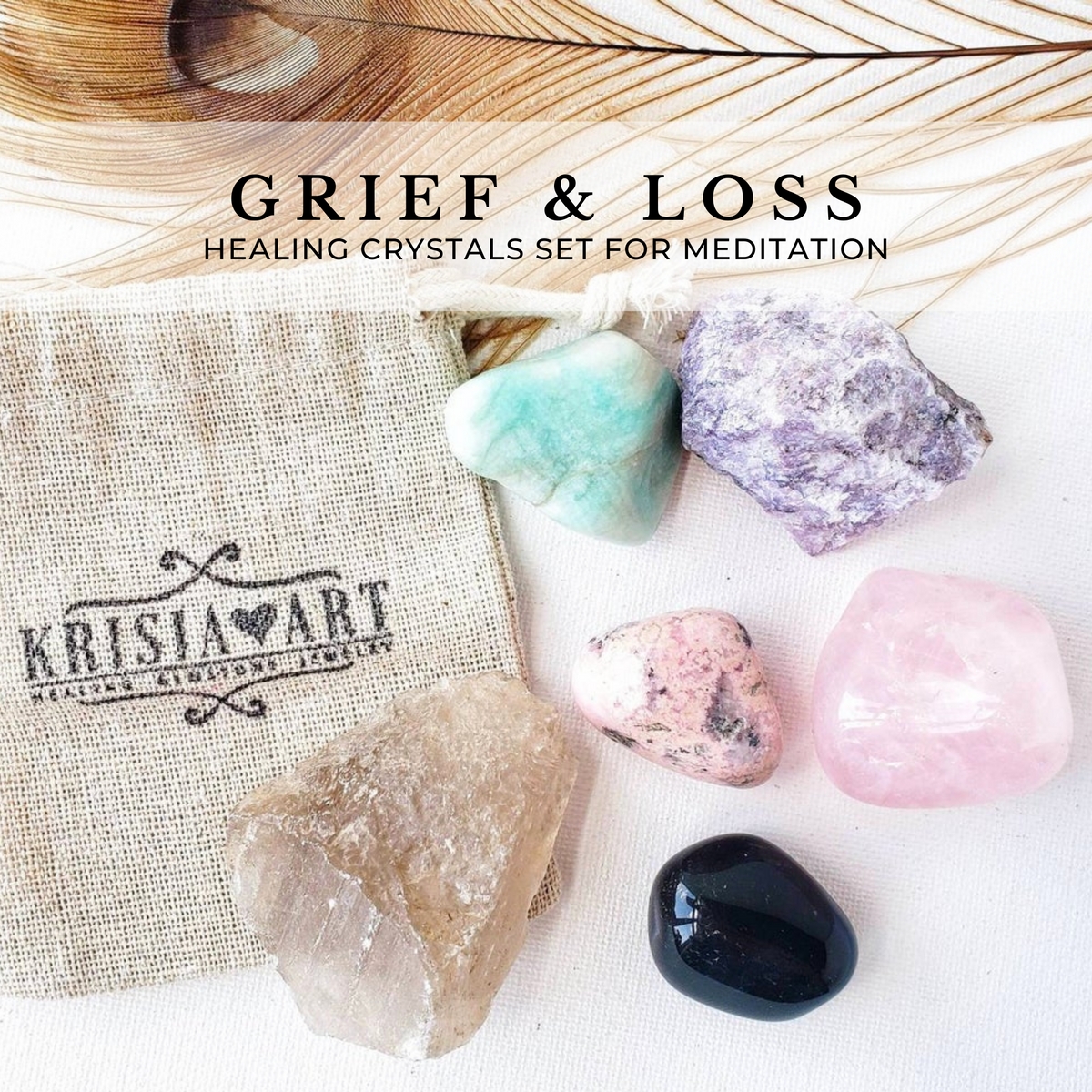 GRIEF & LOSS crystal set for calming and meditation during breakup, divorce, loss, sadness. Onyx, Rhodonite, Lepidolite, Amazonite, Rose quartz, Smoky quartz