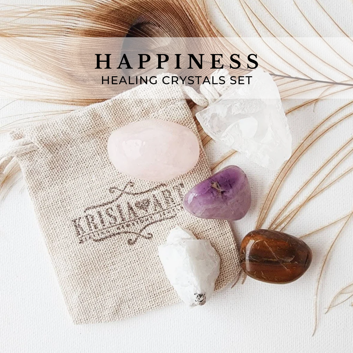 HAPPINESS crystal set for attracting joy, love, manifesting happy life & maintaining happy thoughts. Clear quartz, Rose quartz, Tiger's Eye, Moonstone, Amethyst