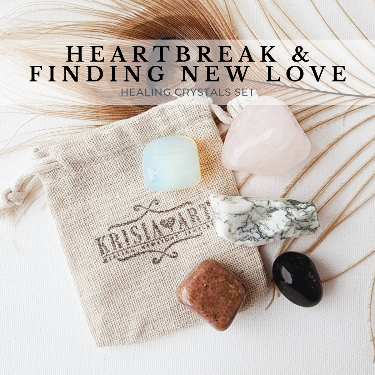 HEARTBREAK & FINDING NEW LOVE crystal set for attracting soulmate, boyfriend/girlfriend, romance. Rhodonite, Opalite, Tree Agate, Rose Quartz, and Black Onyx. 