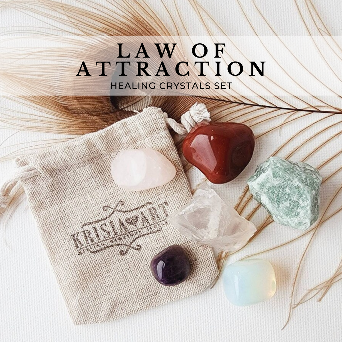 LAW OF ATTRACTION crystal set for attracting wealth, abundance, love, happiness and manifest intentions. Red Jasper, Clear Quartz, Green Aventurine, Opalite, Rose Quartz, Amethyst. 
