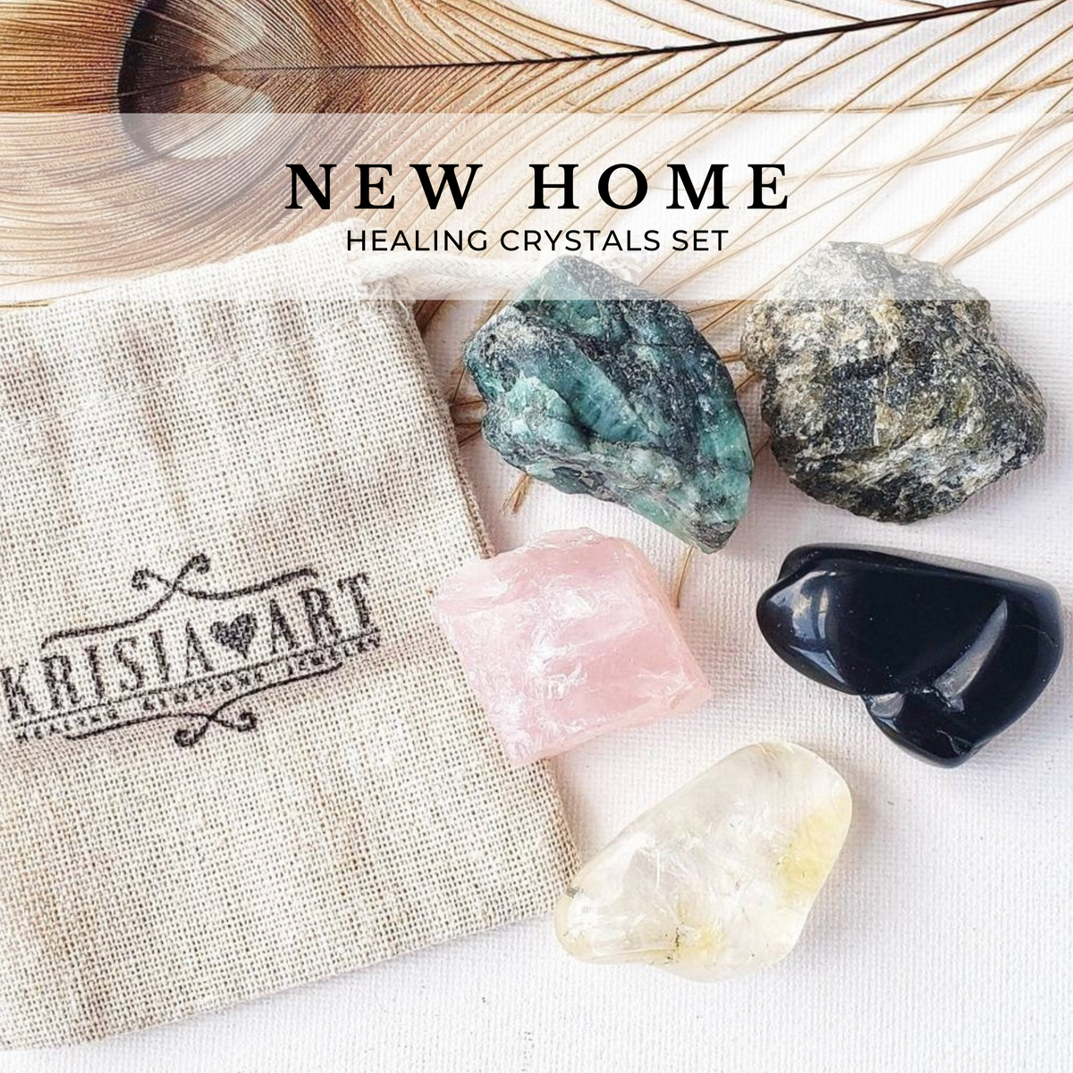 NEW HOME crystal set for peace, blessing, protection, new beginnings, housewarming. Emerald, Labradorite, Black obsidian, Rose quartz, Citrine