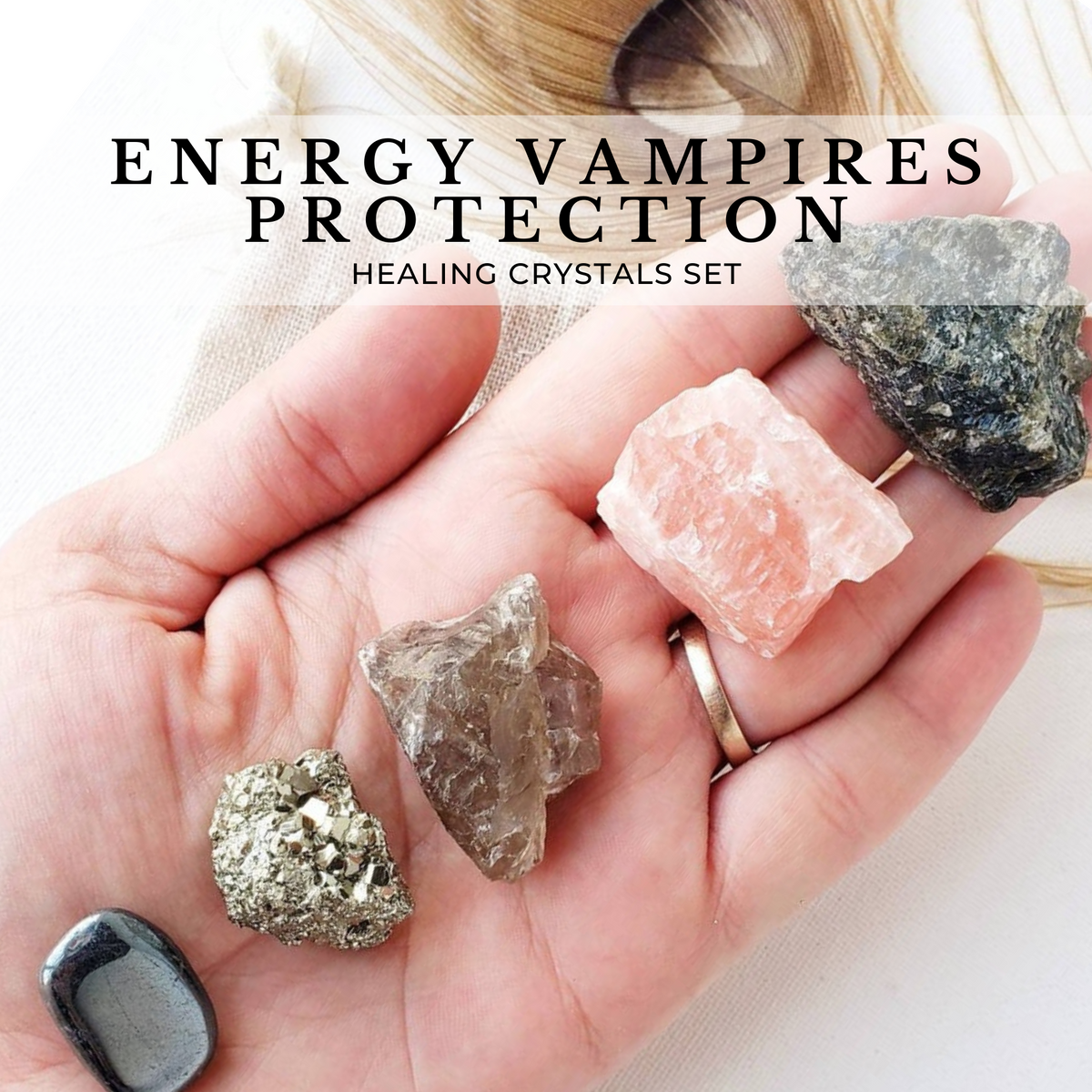 ENERGY VAMPIRE Protection crystals set, aura & empath protection shield kit.  Labradorite, Hematite, Smoky quartz, Pyrite, Strawberry calcite
