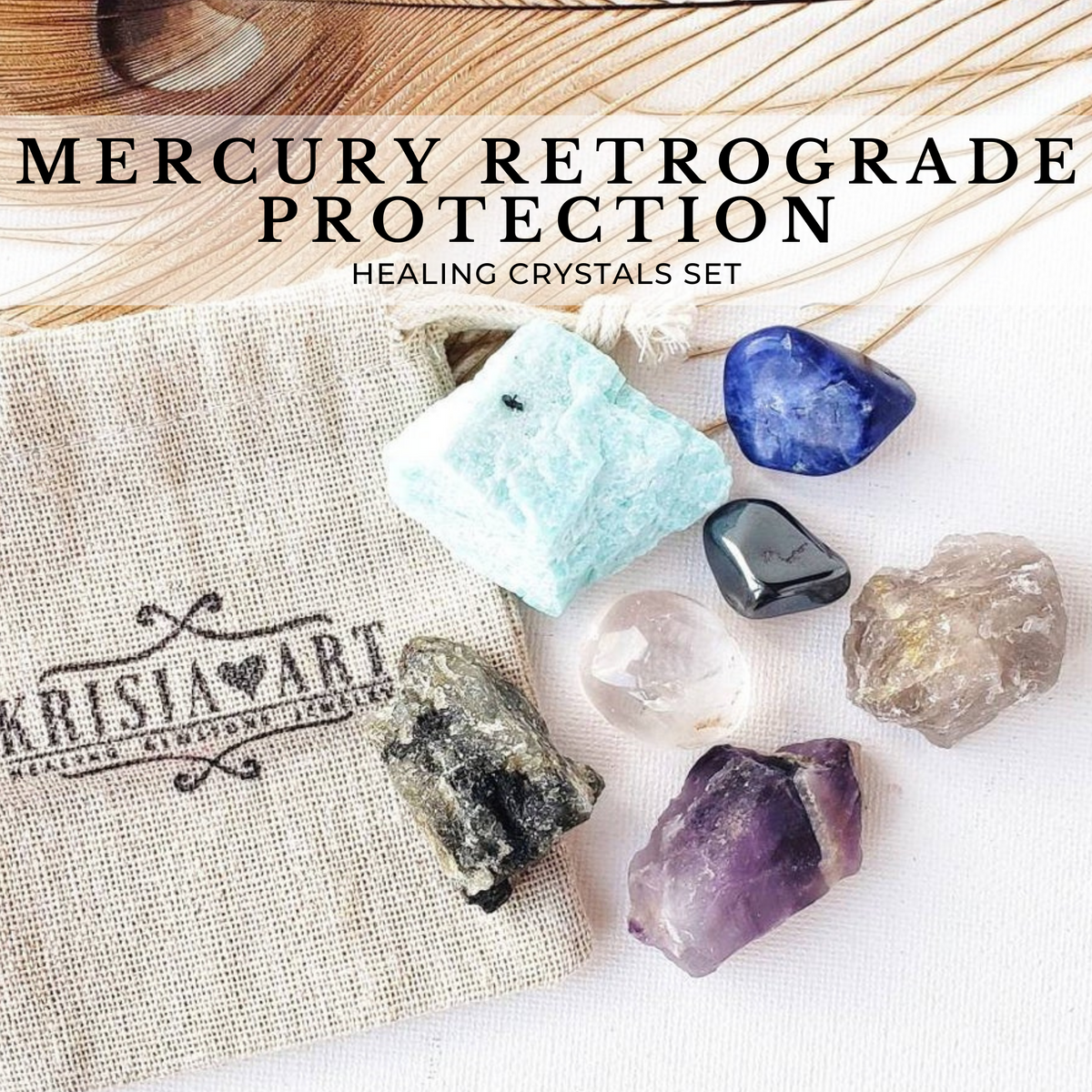 MERCURY RETROGRADE crystals set for protection during retrograde period. Sodalite, Labradorite, Smoky quartz, Amazonite, Hematite, Amethyst, Clear quartz