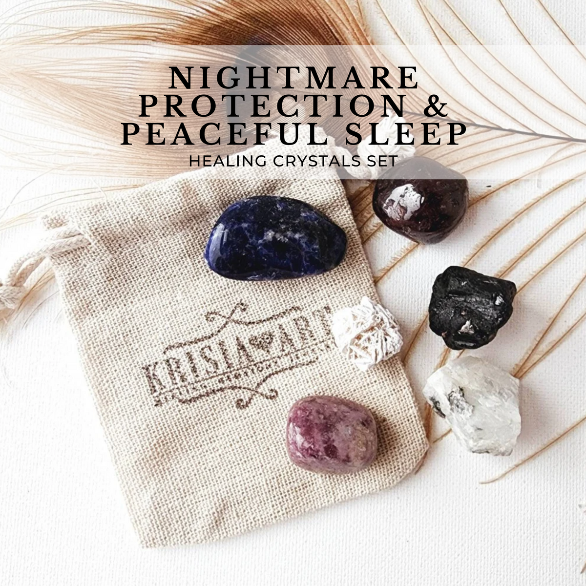 NIGHTMARES PROTECTION crystal set for peaceful sleep, calming, and good dreams. Lepidolite, Sodalite, Black Tourmaline, Desert Rose Selenite, Red Garnet, and Moonstone
