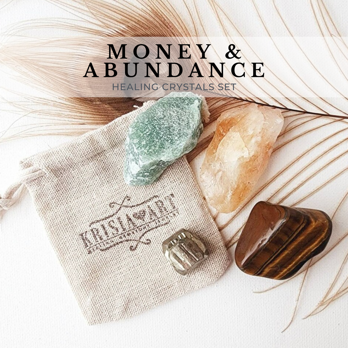 MONEY & ABUNDANCE crystal set for attracting wealth, abundance, manifesting prosperity and success. Citrine, Pyrite, Tiger's Eye, Green Aventurine