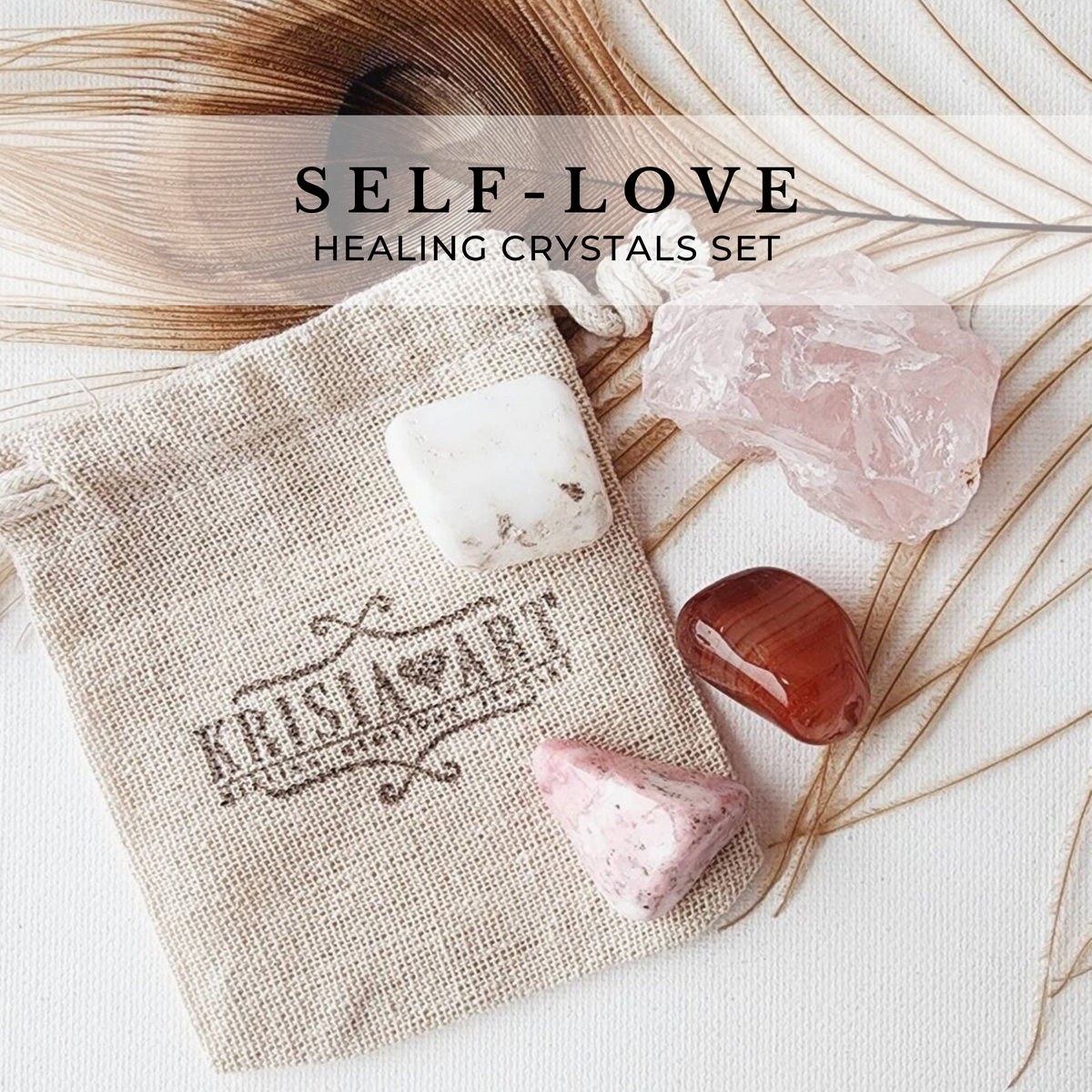 SELF-LOVE crystal set for self care, well being, positive energy, mental wellbeing, joy and manifestation. Rose quartz, Magnesite, Rhodonite, Carnelian