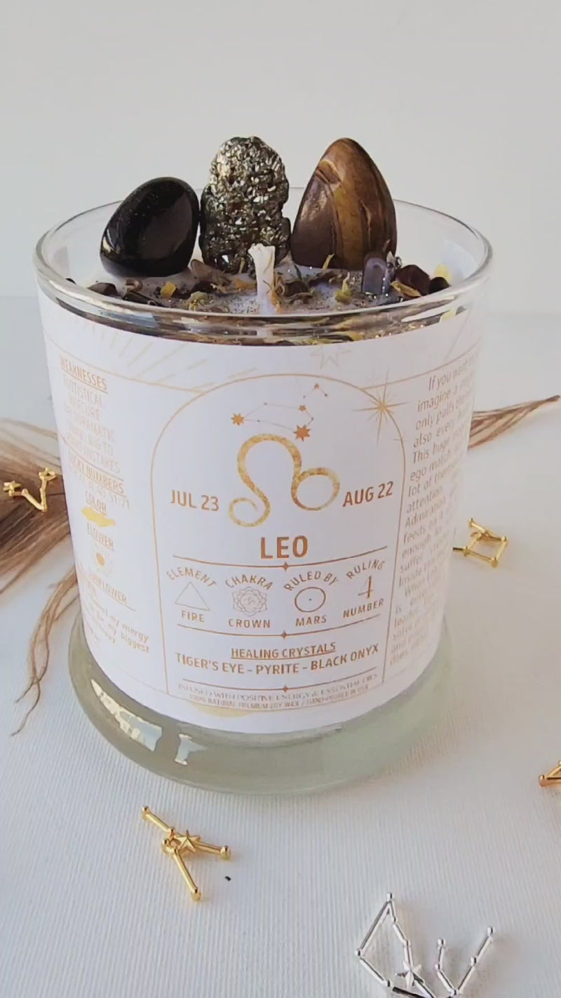 LEO zodiac candle with healing crystals, constellation astrology lover gift