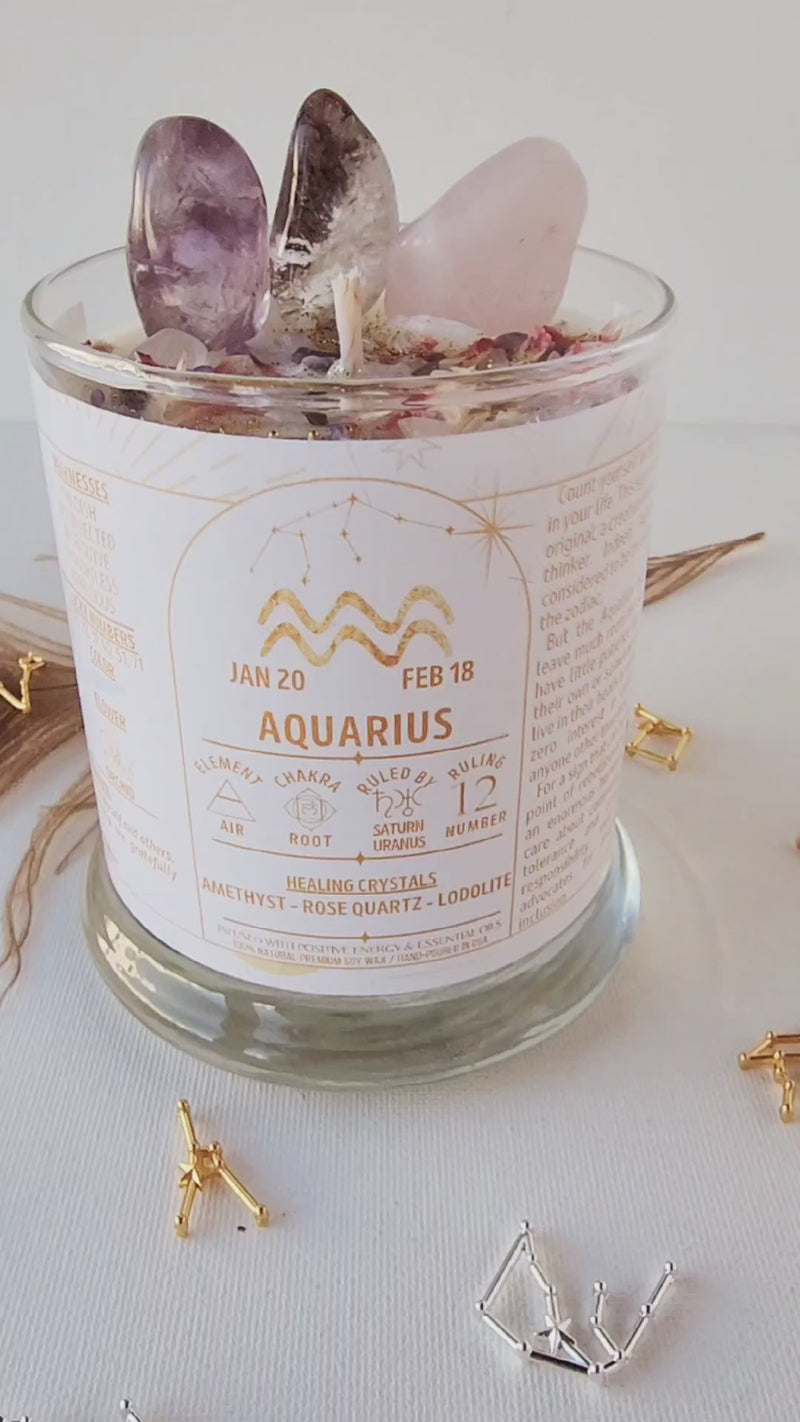 AQUARIUS zodiac candle with healing crystals and constellation astrology charm