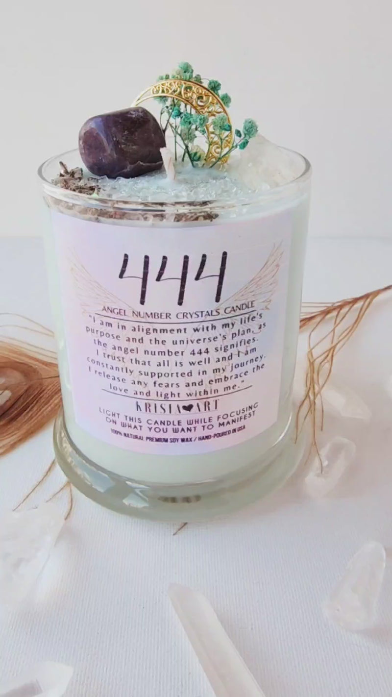 444 ANGEL NUMBER CANDLE with crystals & angel message