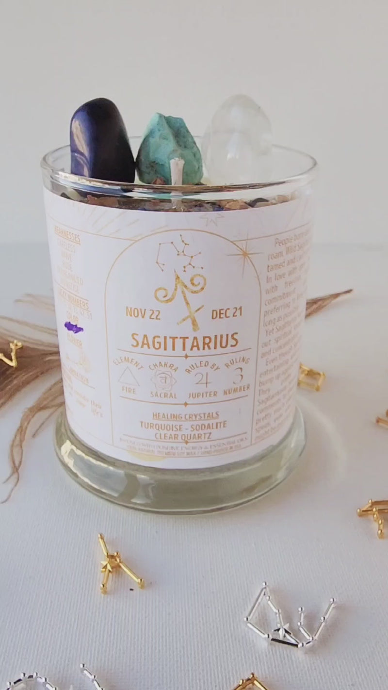 SAGITTARIUS zodiac candle with healing crystals and constellation astrology charm