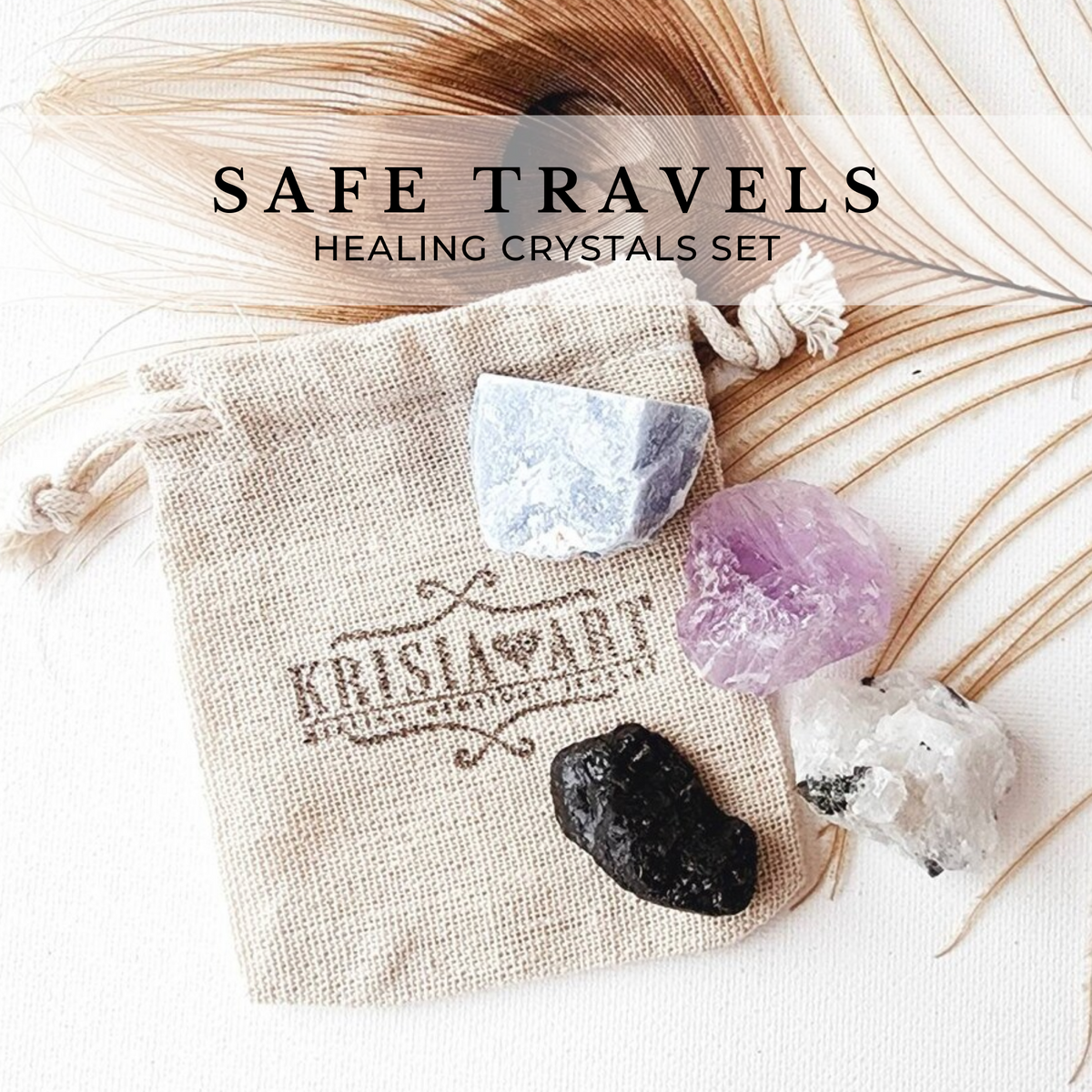 SAFE TRAVELS crystal set for protection, peace, safety, calming anxiety traveling. Amethyst, Rainbow Moonstone, Black Tourmaline, and Angelite