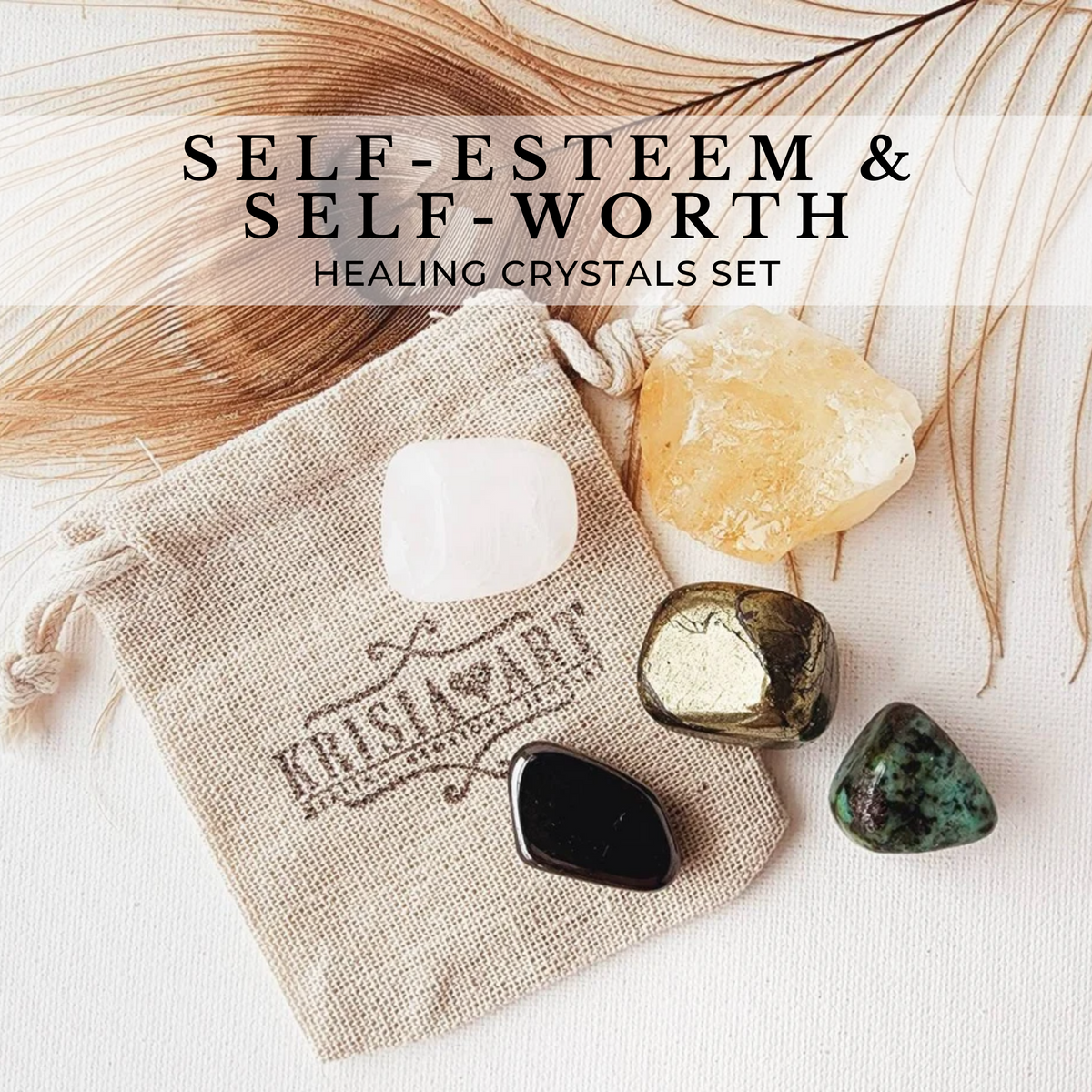 SELF-ESTEEM & SELF-WORTH crystal set for self-love, self-confidence and solar plexus chakra meditation. Citrine, Magnetic Hematite, African Turquoise, Pink Calcite, Chalcopyrite