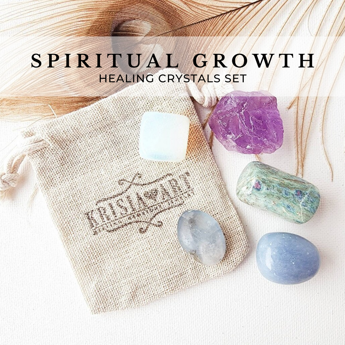 SPIRITUAL GROWTH crystal set for connection with the divine, inner wisdom, deeper meditation. Opalite, Angelite, Amethyst, Celestite, Ruby Zoisite.
