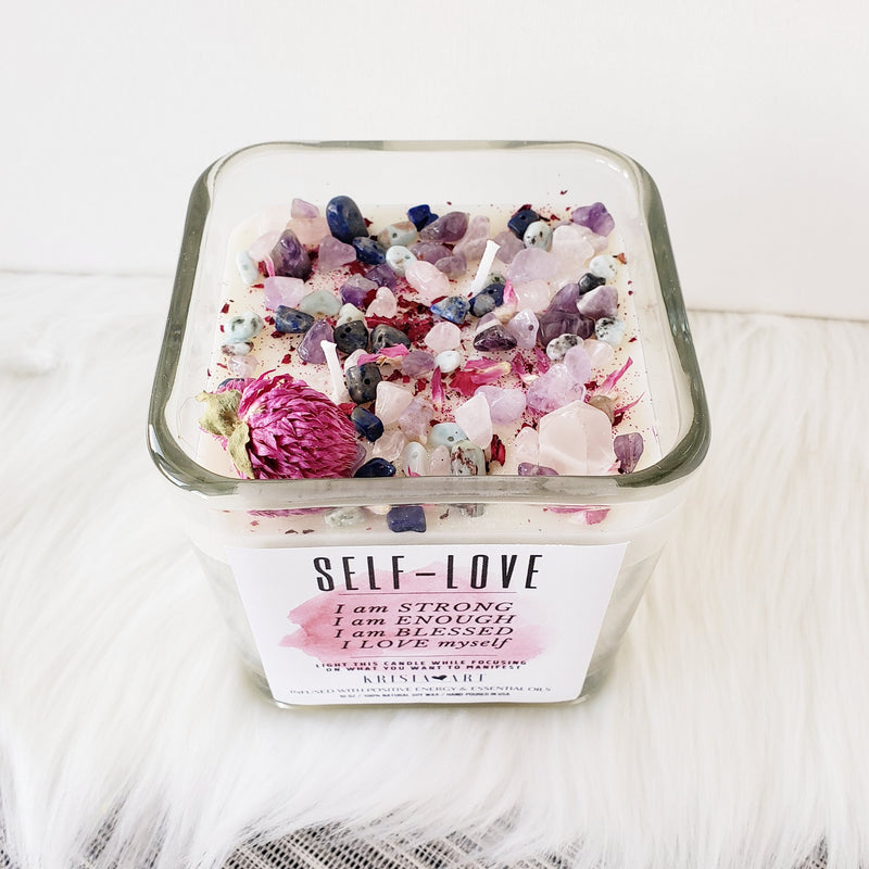 SELF-LOVE candle for self-care, positive energy & meditation. Intention crystal candle with affirmations