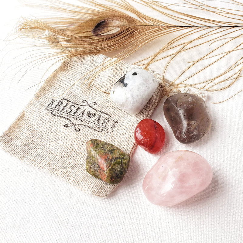 FERTILITY crystals set for pregnancy meditation and infertility conception ivf invitro spiritual support. Rose quartz, Unakite, Carnelian, Moonstone, Smoky quartz.