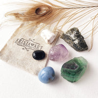 ANXIETY RELIEF crystals set for calming stress, soothing, and mental health balance. Amethyst, Fluorite, Labradorite, Angelite, Magnesite, Onyx