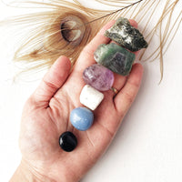 ANXIETY RELIEF crystals set for calming stress, soothing, and mental health balance. Amethyst, Fluorite, Labradorite, Angelite, Magnesite, Onyx