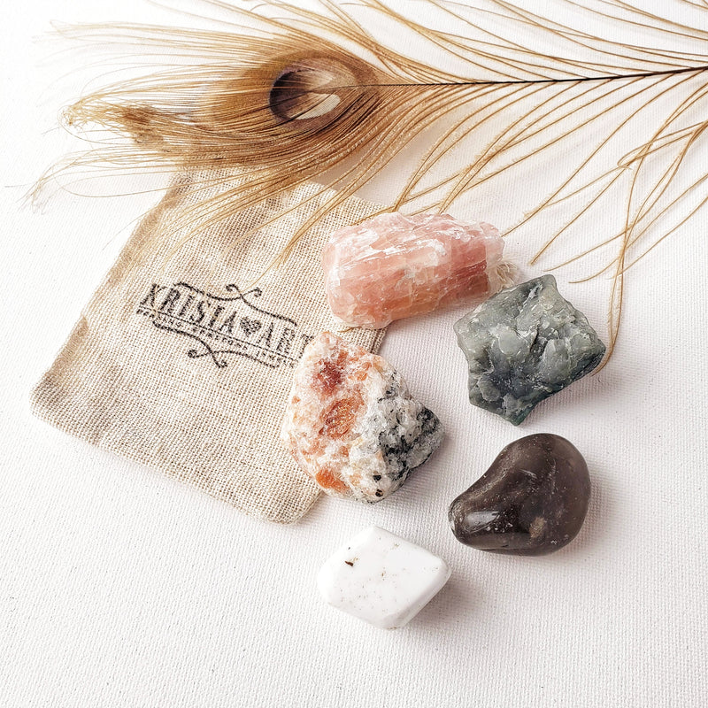 POSITIVE ENERGY healing crystals set for positive vibes, peace, blessing & protection. Strawberry Calcite, Emerald, Magnesite, Smoky Quartz, Sunstone.