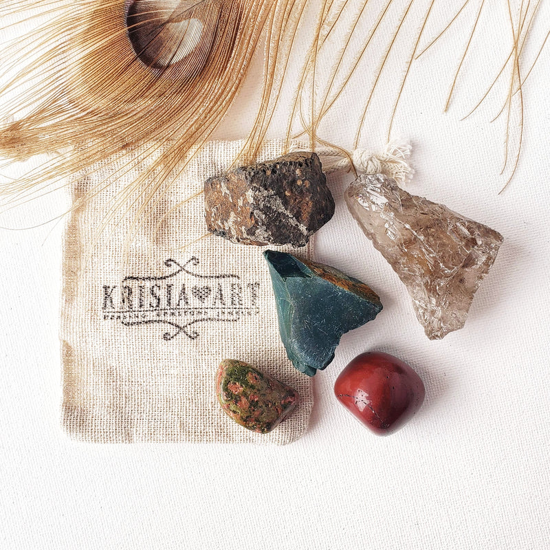 GROUNDING crystal set for balance & inner peace. Hematite, Red Jasper, Smoky Quartz, Bloodstone, Unakite 