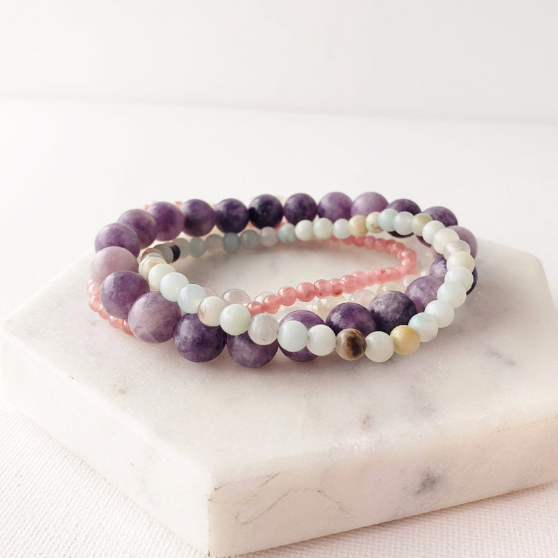 GRIEF & LOSS intention bracelet set for breakup and comforting, emotional support through bereavement and sadness - Lepidolite, Amazonite, Rhodonite, Rainbow Moonstone
