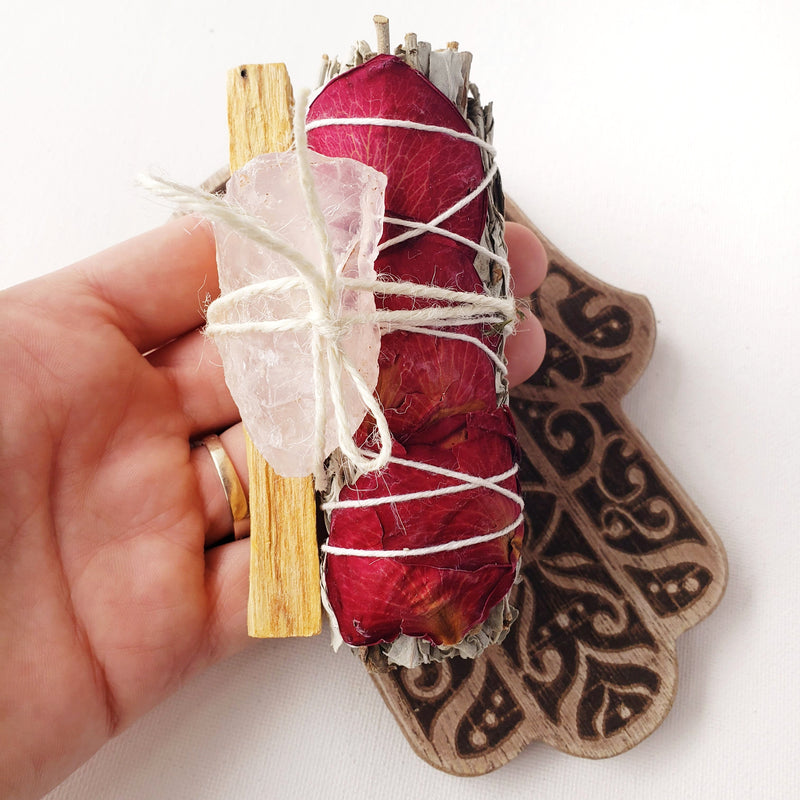 Pick your crystal Red Rose SMUDGE KIT for purification, cleansing, negative energy removal - White Sage, Palo Santo bundle for smudging