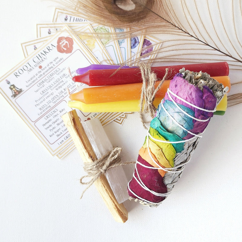 7 CHAKRA candles + CHAKRA white sage smudge stick + Selenite + Palo Santo + Chakra cards for purification, cleansing, meditation, and negative energy removal
