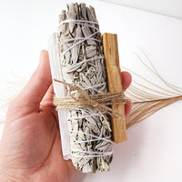 Large white sage SMUDGE STICK for purification, cleansing, negative energy removal and protection with Selenite stick & Palo Santo for smudging