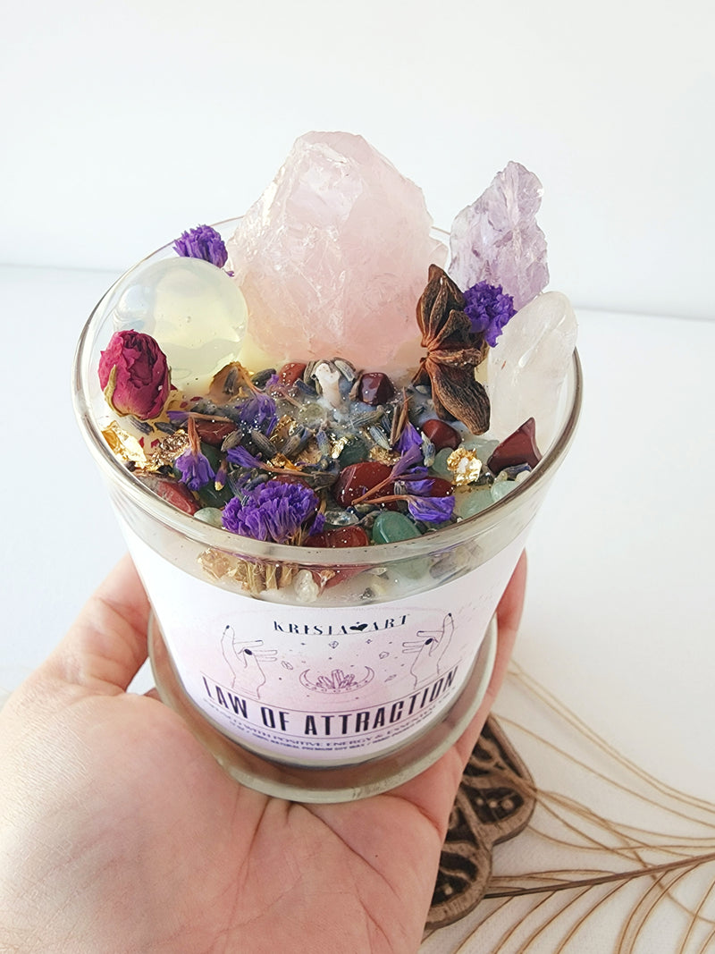 LAW OF ATTRACTION intention candle for manifestation dreams. Magic crystal candle for spell rituals & good vibes