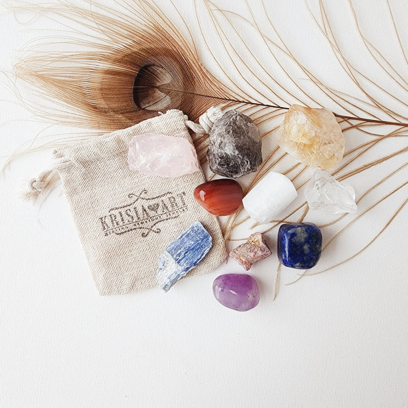 10 CRYSTALS for Women healing crystal set to balance all seven chakras, and bring vitality, health, wealth, passion, love, and well-being to life. Amethyst, Blue Kyanite, Carnelian, Citrine, Clear quartz, Lapis Lazuli, Rose quartz, Selenite, Smoky quartz, Ruby
