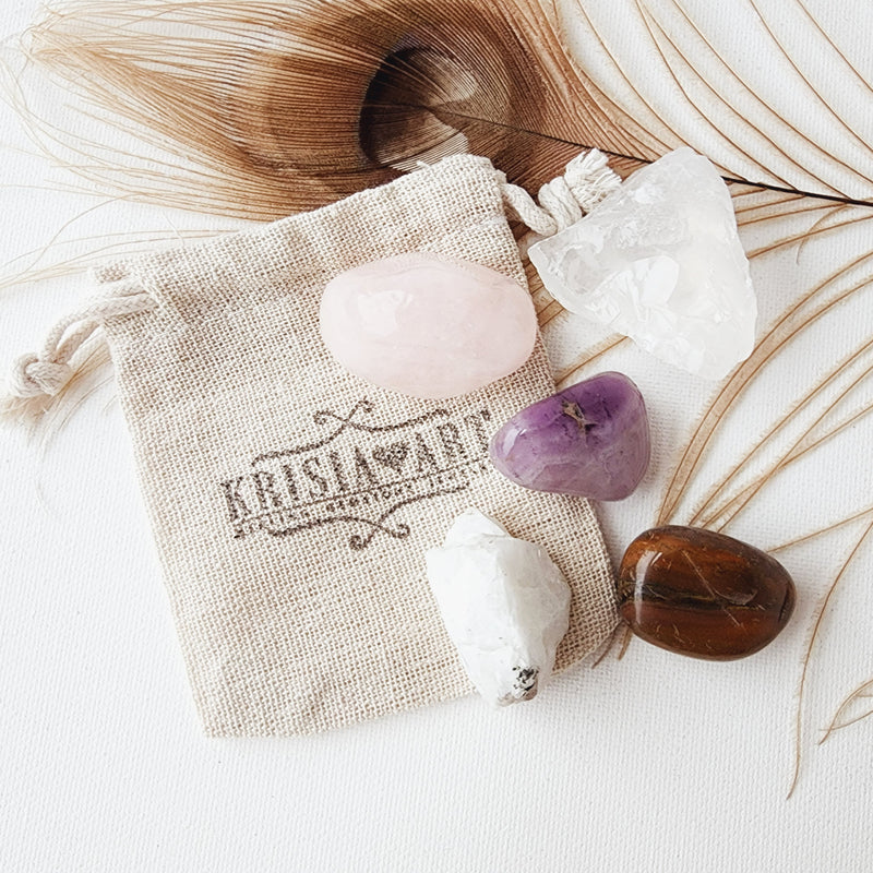 HAPPINESS crystal set for attracting joy, love, manifesting happy life & maintaining happy thoughts. Clear quartz, Rose quartz, Tiger's Eye, Moonstone, Amethyst