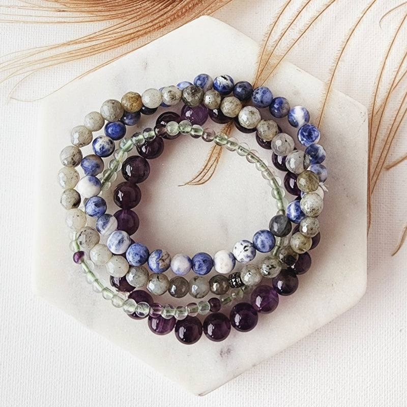 INTUITION bracelet set for third eye chakra activation, psychic abilities, and divination. Labradorite, Amethyst, Sodalite, Fluorite
