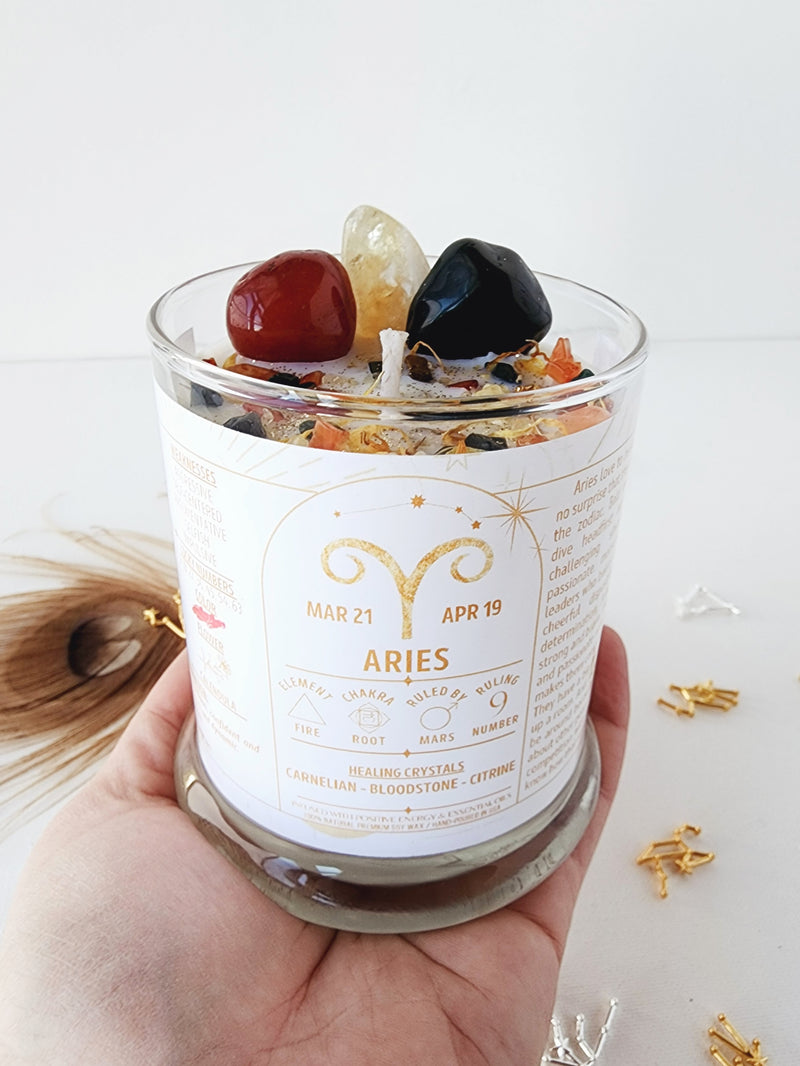 ARIES zodiac candle with healing crystals and constellation astrology charm