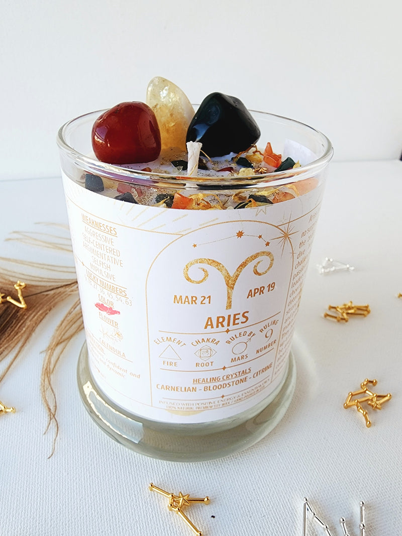 ARIES zodiac candle with healing crystals and constellation astrology charm