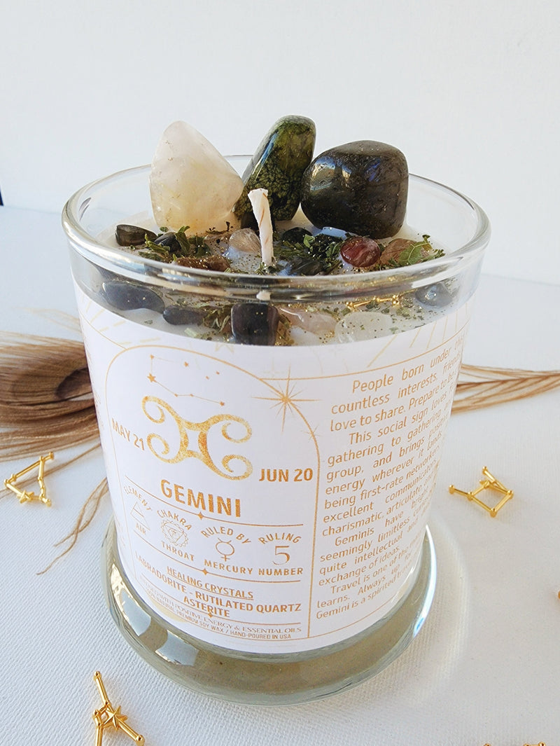 GEMINI zodiac candle with healing crystals and constellation astrology charm