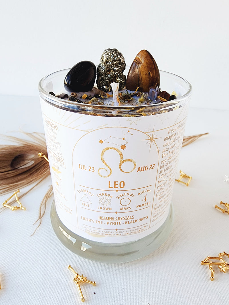 LEO zodiac candle with healing crystals, constellation astrology lover gift