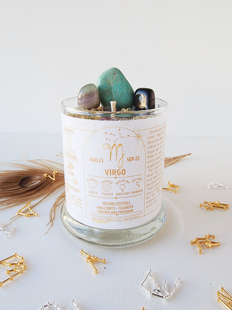 VIRGO zodiac candle with healing crystals and constellation astrology charm