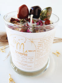 SCORPIO zodiac candle with healing crystals and constellation astrology charm